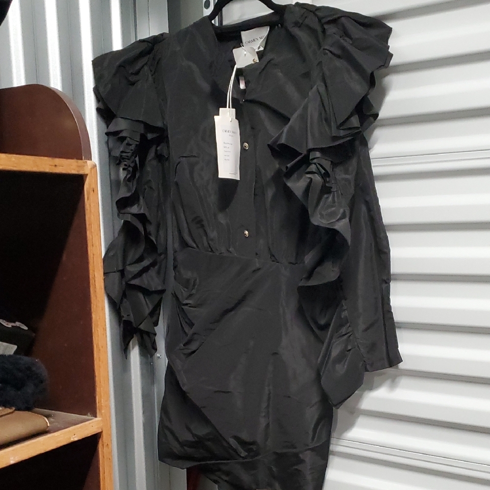 Nwt $1690 Carmen March Made In Spain Black Ruffle Taffeta Dress